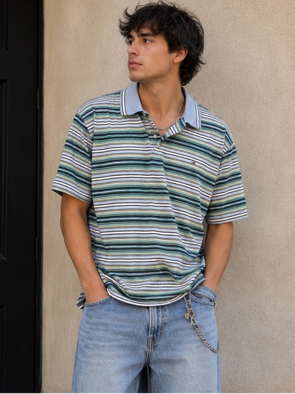 Tommy Hilfiger Y2K 100% Cotton Short-Sleeve Striped Polo in Green, Blue & White
